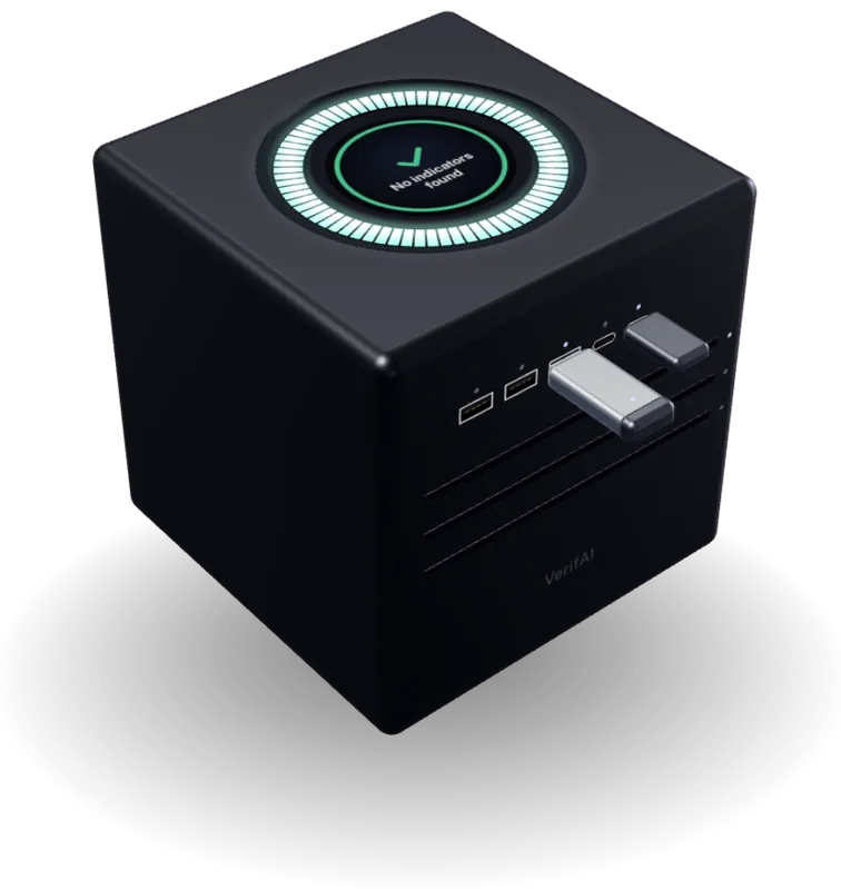 Concept render of the VerifAI device: a black aluminum cube with disc slots and USB ports, its ring and display showing green